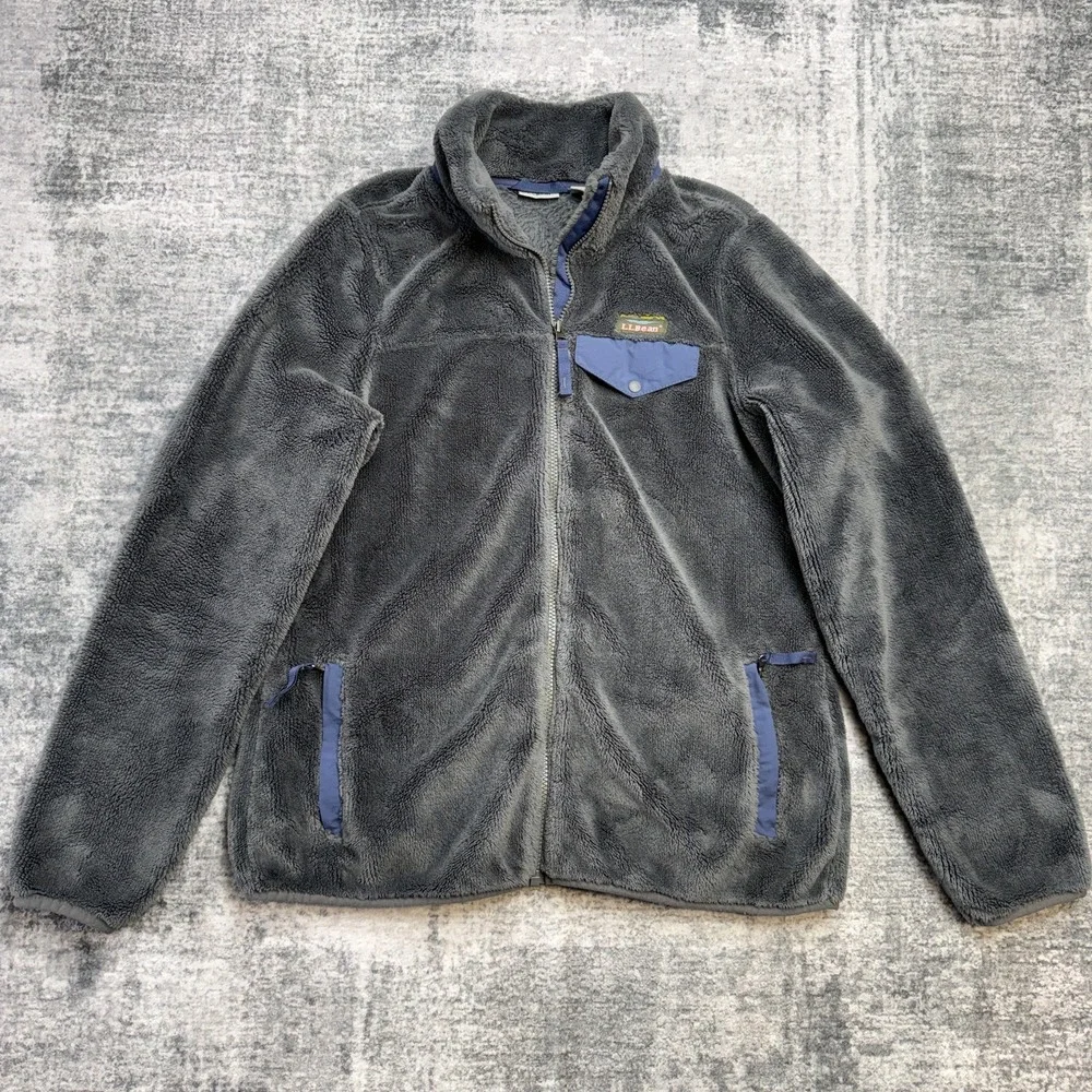 LL Bean Jacket Womens Medium Gray Hi Pile Fleece Full Zip Coat Elbow Patches - Picture 1 of 9